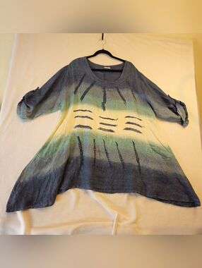 KAKTUS 100% LINEN Boho Ombre Tunic Top in Blue Tones Size XXXL